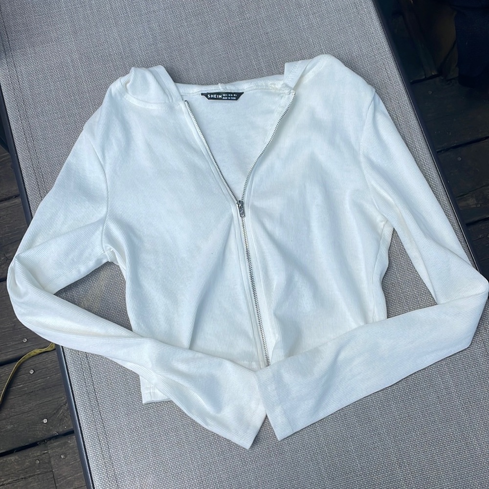 SHEIN Lightweight White Zip Up Crop Hoodie